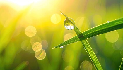 Macro shot of dew drop on green grass blade reflecting bright morning sun with soft bokeh background