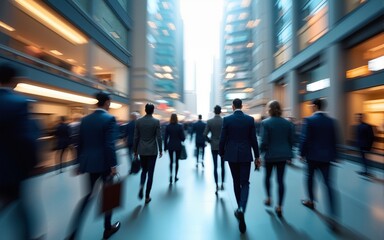 abstract motion blur image of business people crowd walking at corporate office in city downtown, blurred background, business center concept. High quality