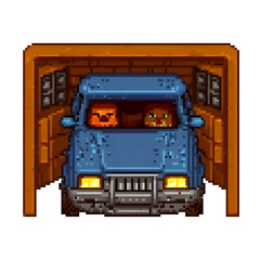 Pixel art illustration of a blue car parked inside a wooden garage with headlights on and two characters inside. Retro 8-bit style perfect for video games, automotive icons, or nostalgic digital art.