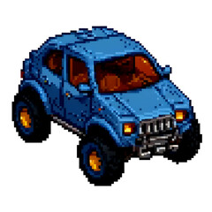 Pixel art of a blue off-road car with yellow wheels, viewed in isometric style. Retro 8-bit vehicle design ideal for pixel games, automotive icons, and vintage digital art illustrations.