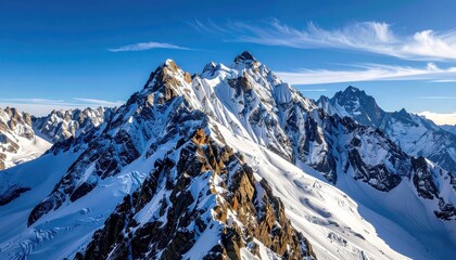 Majestic Snowy Mountain Peaks Under a Clear Blue Sky with Wispy Clouds During Daylight