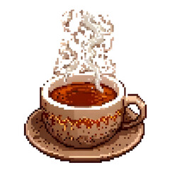 Pixel art of a steaming cup of hot coffee in a vintage ceramic mug on a saucer. Retro 8-bit design with warm tones, perfect for café themes, pixel games, and nostalgic digital illustrations.