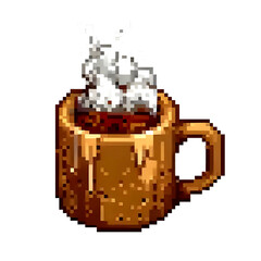 Pixel art of a brown mug filled with hot chocolate topped with melting marshmallows. Retro 8-bit style cozy beverage illustration ideal for winter, café, or vintage game design themes.
