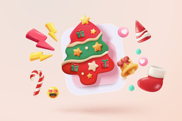 3d christmas and New Year background. Xmas pine fir lush with gift box. Christmas tree green and red color. Snowflakes hanging on ribbon. 3d tree icon signs vector render illustration