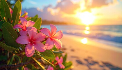 Pink Plumeria Flowers Bloom In The Foreground With A Golden Sunset Over A Tropical Beach Ocean Water And Sandy Shoreline
