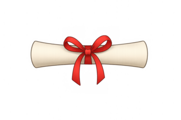 Rolled paper parchment diploma or certificate with red ribbon bow, concept of academic achievement, education, and success