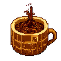 Pixel art of a brown ceramic mug filled with hot coffee being poured, creating ripples. Retro 8-bit style beverage illustration ideal for café themes, vintage games, or cozy drink artwork.