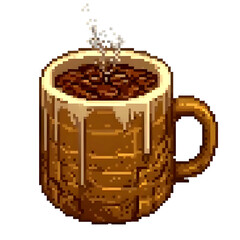 Pixel art of a steaming cup of hot coffee in a brown ceramic mug with textured details. Retro 8-bit style beverage illustration perfect for café themes, vintage games, and cozy drink artwork.