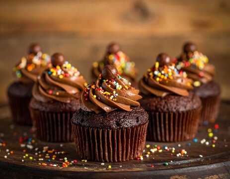 Close-up of six chocolate cupcakes on a wooden tray with wooden background. The cupcakes are topped with swirls of chocolate frosting and colorful sprinkles