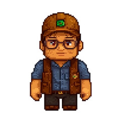 Pixel art of a man wearing glasses, a brown vest, and a cap with a green logo. Retro 8-bit style farmer or worker character for video games, sprites, avatars, and pixel animation projects.