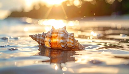 Seashell on a Tropical Beach at Sunset Illuminated by Golden Sun Rays with Gentle Waves Washing Ashore and Lush Greenery in the Background