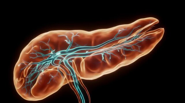 Detailed 3D Medical Illustration of the Human Pancreas and its Vascular System Illuminated Against a Dark Background