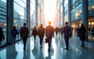 abstract motion blur image of business people crowd walking at corporate office in city downtown, business marketing, blurred background, business finance center concept. High quality. High quality