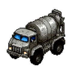Pixel art illustration of a concrete mixer truck with blue windows and detailed shading on a black background. Retro 8-bit style design perfect for video games, icons, and construction-themed digital 