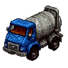 Pixel art illustration of a blue cement mixer truck with detailed shading and retro 8-bit design on a black background. Ideal for video game assets, icons, and construction-themed digital artwork.