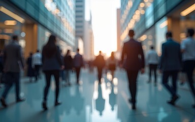 Naklejka premium abstract motion blur image of business people crowd walking at corporate office in city downtown, blurred background, business center concept, Cinematic color tone, Generative AI. High quality