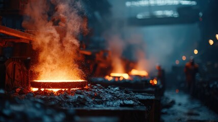 A cinematic view of the steelmaking process, emphasizing the heat and danger, with molten metal flowing and dark, grimy factory surroundings