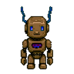 Pixel art of a brown robot with glowing blue eyes and electric blue antennas, featuring a pink energy core on its chest. Perfect for retro video games, sci-fi art, and digital design projects.