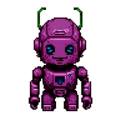 Pixel art of a cute purple robot with bright blue eyes and green antennas, designed in retro 8-bit style. Perfect for sci-fi game assets, digital illustrations, animation, and futuristic character des