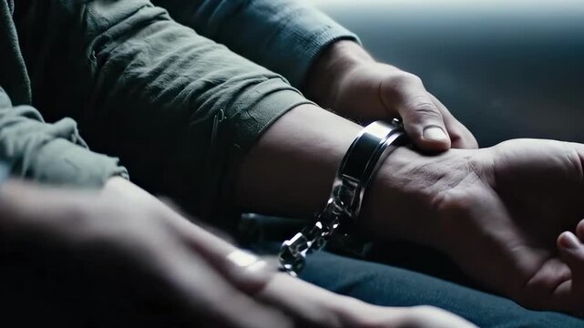 Close-up of a persons hands being handcuffed, symbolizing arrest and law enforcement.