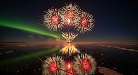 Spectacular fireworks display over a reflective surface with aurora borealis
