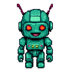Pixel art of a cute green robot with glowing red eyes and antennae, designed in retro 8-bit style. Futuristic robotic character illustration perfect for video games, digital art, and sci-fi projects.