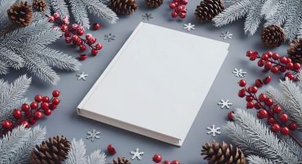 Blank white book cover mockup surrounded by Christmas ornaments fir branches and pine cones cozy flat lay template with copy space for branding product display invitation design and social media