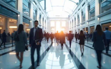 Generative AI. motion blur image of business people crowd walking at corporate office in city downtown, blurred background, business center concept, white color tone. High quality. High quality
