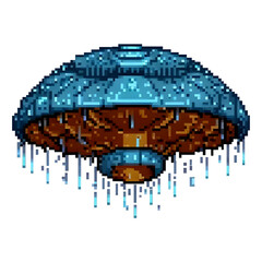 Pixel art of a futuristic blue UFO with glowing lights and metallic texture, hovering in the dark with pixelated rain effect. Retro sci-fi spaceship illustration perfect for game design and digital ar