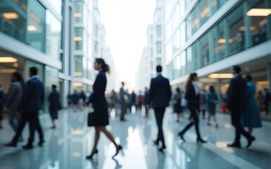 Generative AI. motion blur image of business people crowd walking at corporate office in city downtown, blurred background, business center concept, white color tone. High quality. High quality