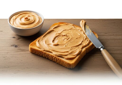 Peanut butter toast with knife and bowl isolated on white background closeup of a slice of bread covered in spread on a wooden table