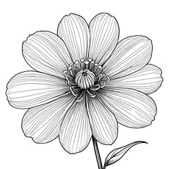 Detailed black and white line art of a blooming flower with intricate petals and fine texture on a dark background, perfect for botanical illustration, tattoo design, or coloring book art.