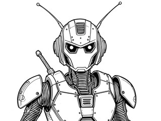 Black and white illustration of a futuristic humanoid robot warrior wearing advanced armor and a helmet with antennas, showcasing detailed sci-fi design and mechanical elements in cyberpunk style.