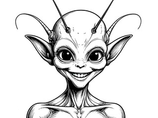 Black and white illustration of a smiling alien creature with large eyes, pointed ears, and thin antennae, combining fantasy and sci-fi elements in a detailed hand-drawn line art style.