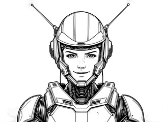 Black and white illustration of a futuristic female android wearing advanced armor and a helmet with antennas, combining human features and robotic design in a detailed sci-fi cybernetic style.