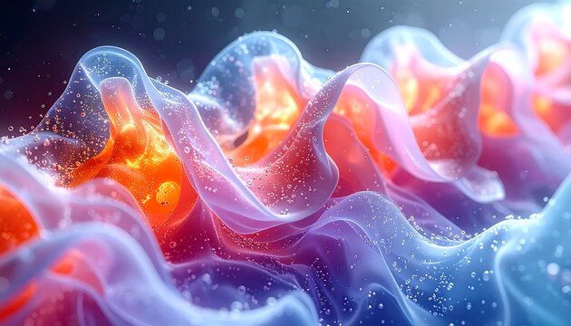 Close-up of undulating, translucent forms in shades of blue, pink, and orange, suggesting fluid dynamics. Tiny particles drift across