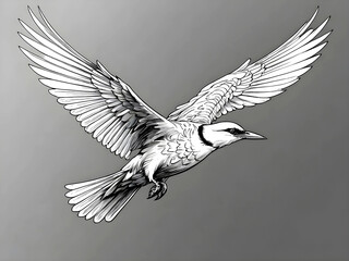 Elegant black and white illustration of a bird in flight with wide wings, detailed feathers, and smooth motion, representing freedom, grace, and natural beauty in artistic line drawing.