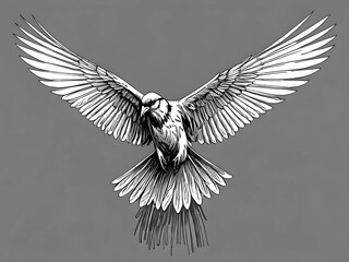 Black and white illustration of a bird spreading its wings in mid-flight, showing detailed feathers and dynamic motion, symbolizing freedom, grace, and natural beauty in artistic line art.