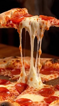 vertical video delicious hot pepperoni pizza melting cheese slice