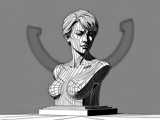 Abstract black and white illustration of a female bust sculpture with contour lines and geometric details, symbolizing strength, modern art, and human form in minimalist style.