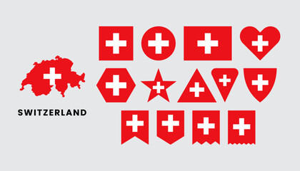 Swiss flag set with various shapes and map silhouette. Red and white national symbol of Switzerland in flat vector design