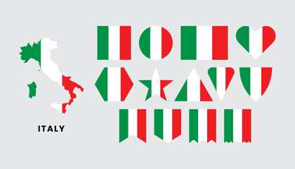 Italy flag in various shapes with map silhouette. Colorful vector set representing Italian national symbol for design, travel, and education projects