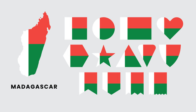 Madagascar flag set with various shapes and map silhouettes. Perfect for travel, geography, and national celebration designs
