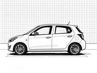 Black and white side view sketch of a compact hatchback car with modern styling and clean lines. Minimalist automotive illustration ideal for transportation, urban design, and vehicle concept art.