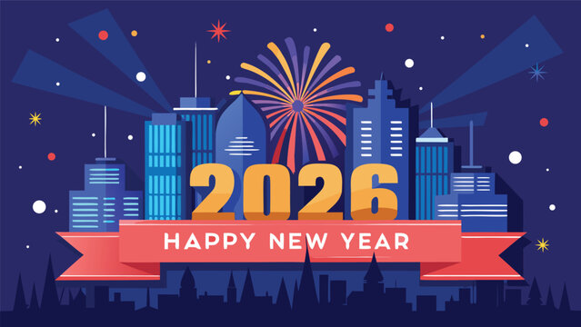 Happy new year 2026 celebration in city with fireworks display