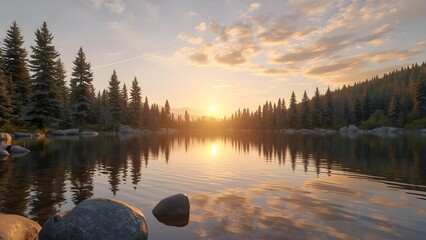 Peaceful mountain lake at golden hour with pine reflection, calm water, pastel sky, and soft sunlight. Dreamy natural landscape perfect for travel, nature, and relaxation themes.