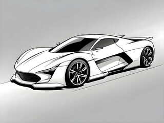 Stylish hand-drawn illustration of a modern sports car concept. Sleek aerodynamic design in black and white line art, ideal for automotive design, racing themes, and futuristic vehicle artwork.