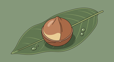 A Nut Resting Gracefully Upon a Leaf Adorned With Gentle Dewdrops Offering a Fresh Vision