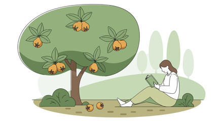 A Peaceful Moment Beneath A Fruitful Tree With A Young Lady Reading A Book