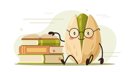 A Smart Pistachio Character With Glasses Enjoying Reading Books On A Light Green Background